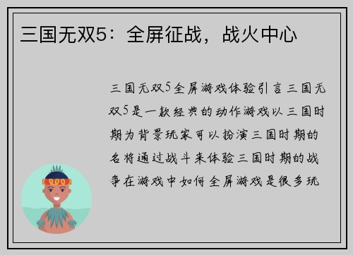 三国无双5：全屏征战，战火中心